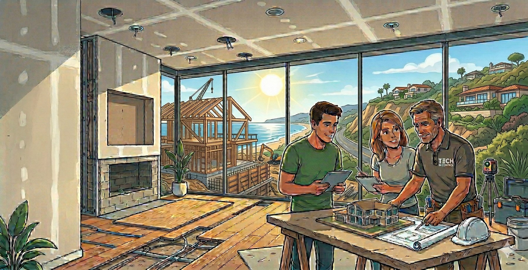 Homeowners reviewing a Control4 pre-wire and system plan with Tech In Control during a new construction build